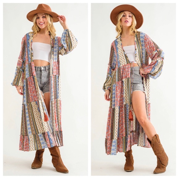 32 ✨RESTOCKED✨Boho Border Print Woven Kimono Long Cardigan - Picture 6 of 6